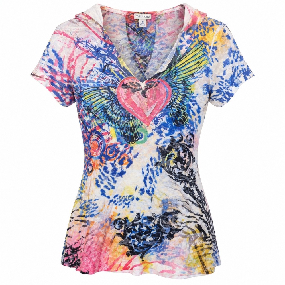 Maurices M Y2K Winged Heart Graphic Hooded Tee Mall Goth Tattoo Grunge USA